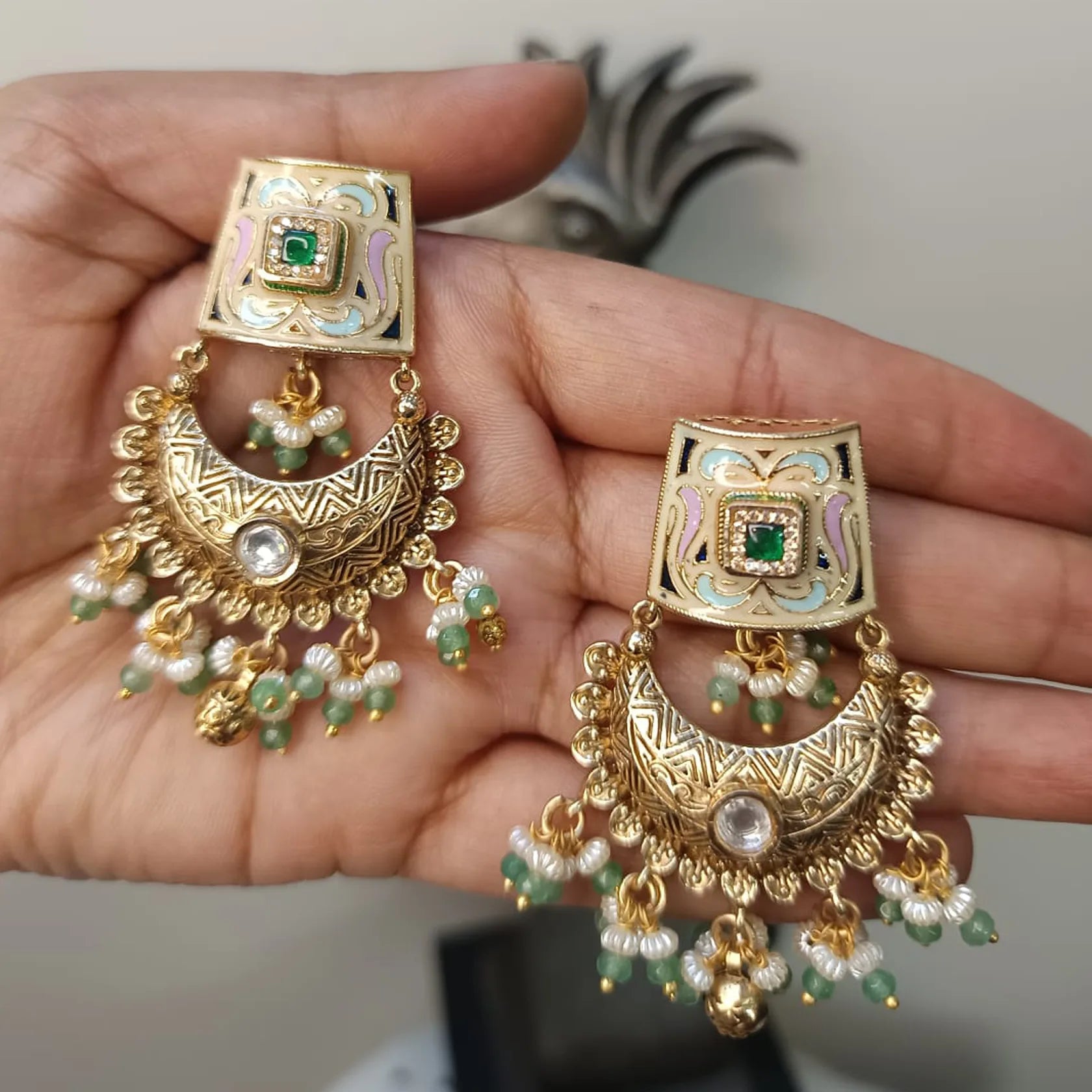 Antique-Gold-Polki-Chandbali-Earrings