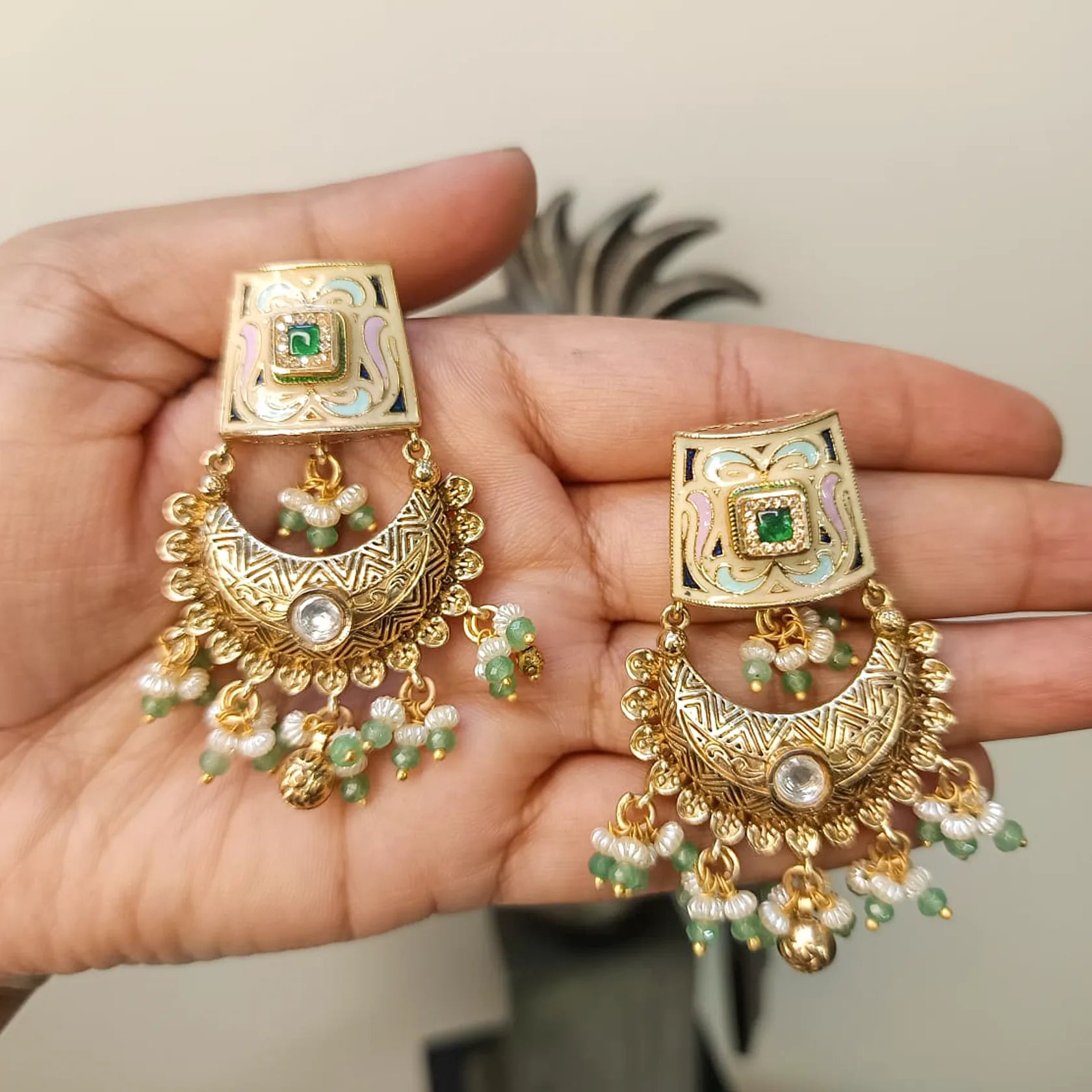 Antique-Gold-Polki-Chandbali-Earrings