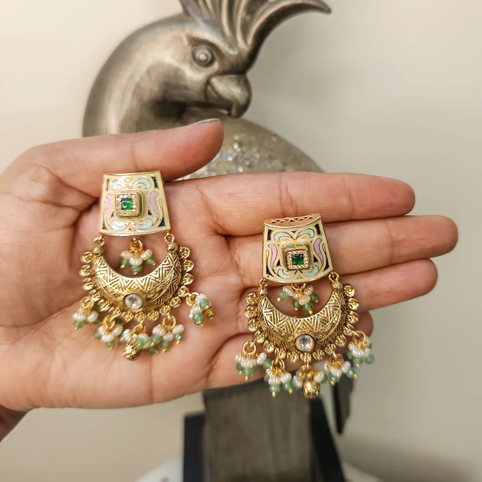 Antique-Gold-Polki-Chandbali-Earrings