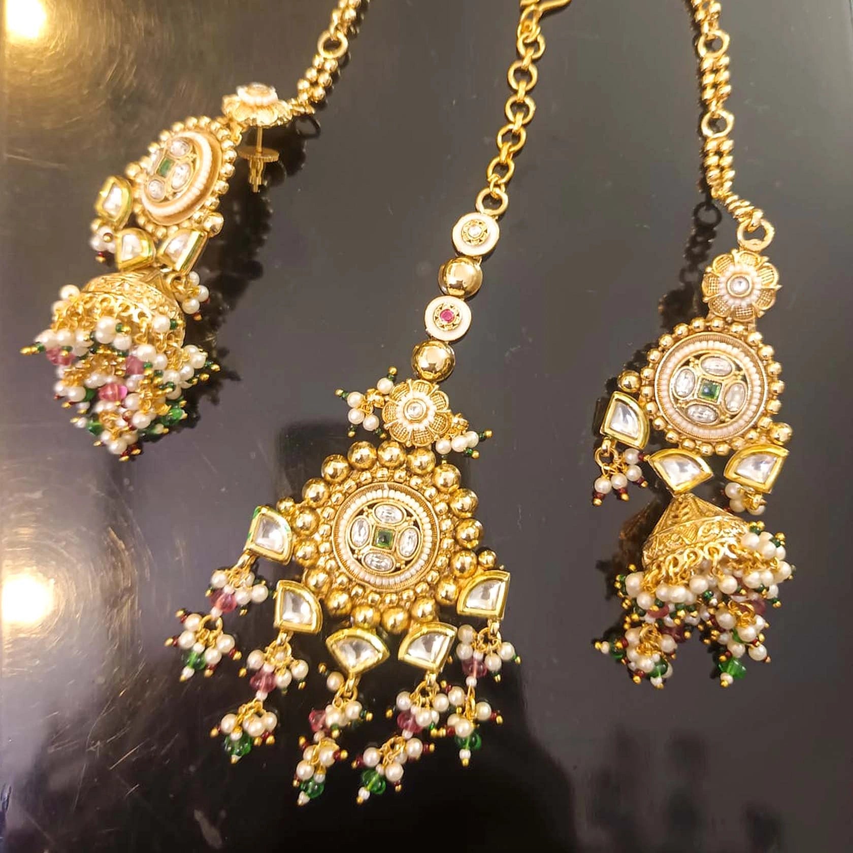Bridal-Look-Rajwada-Real-Look-Jewellery-Set-With-Ear-Chain-Amp-Maang-Tikka