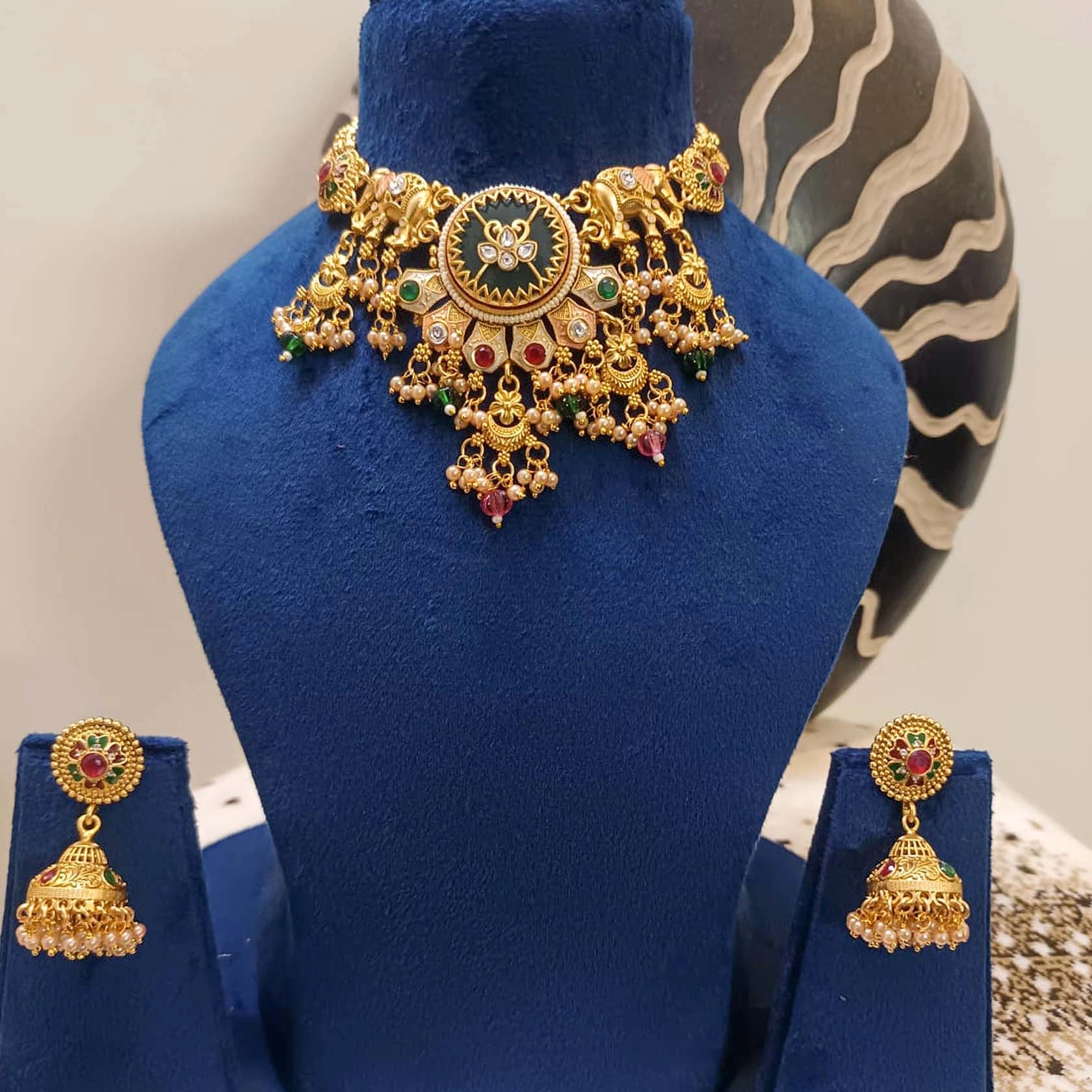 Rajwada-Real-Look-Necklace-Set-With-Jhumki-Earrings-Gold-Polish