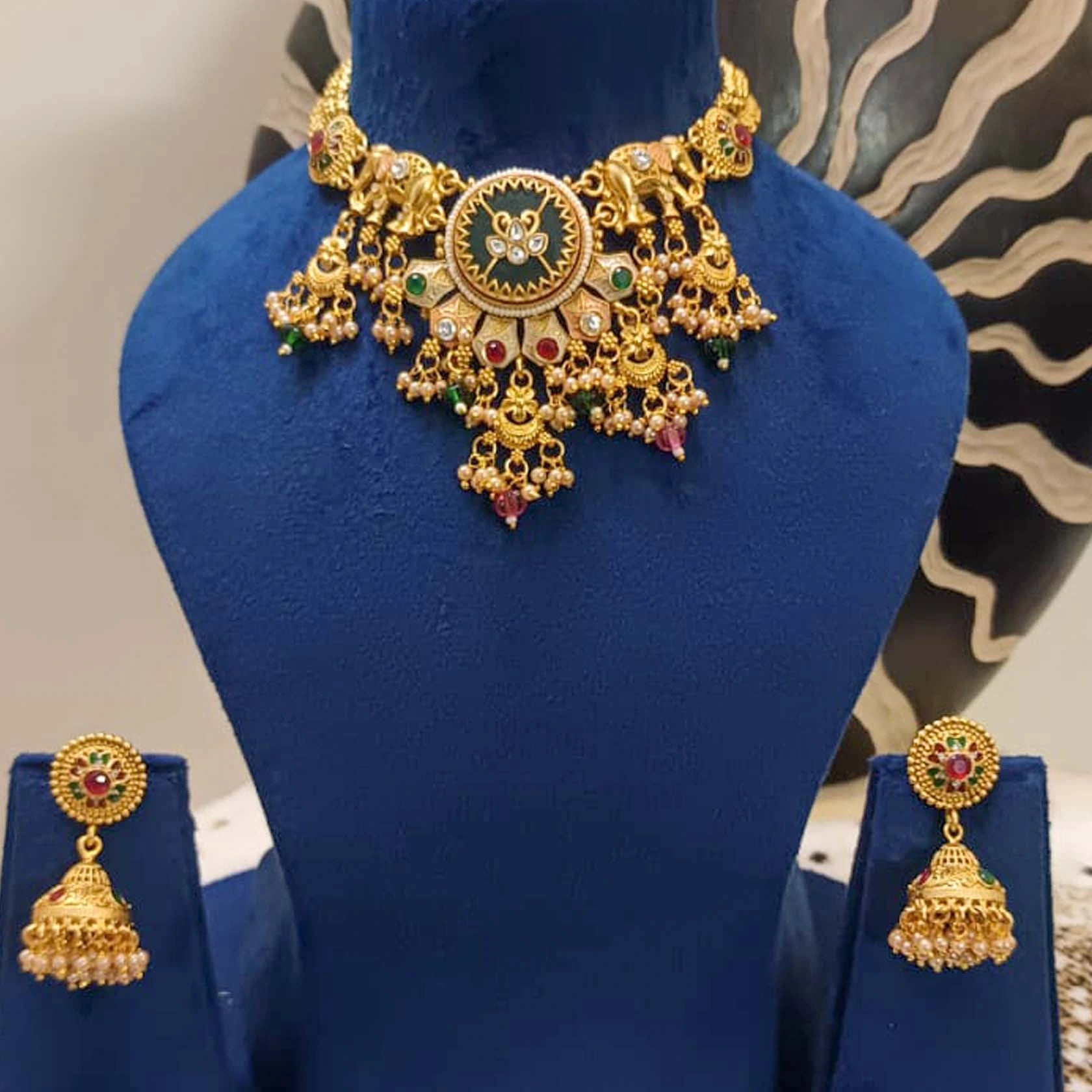 Rajwada-Real-Look-Necklace-Set-With-Jhumki-Earrings-Gold-Polish