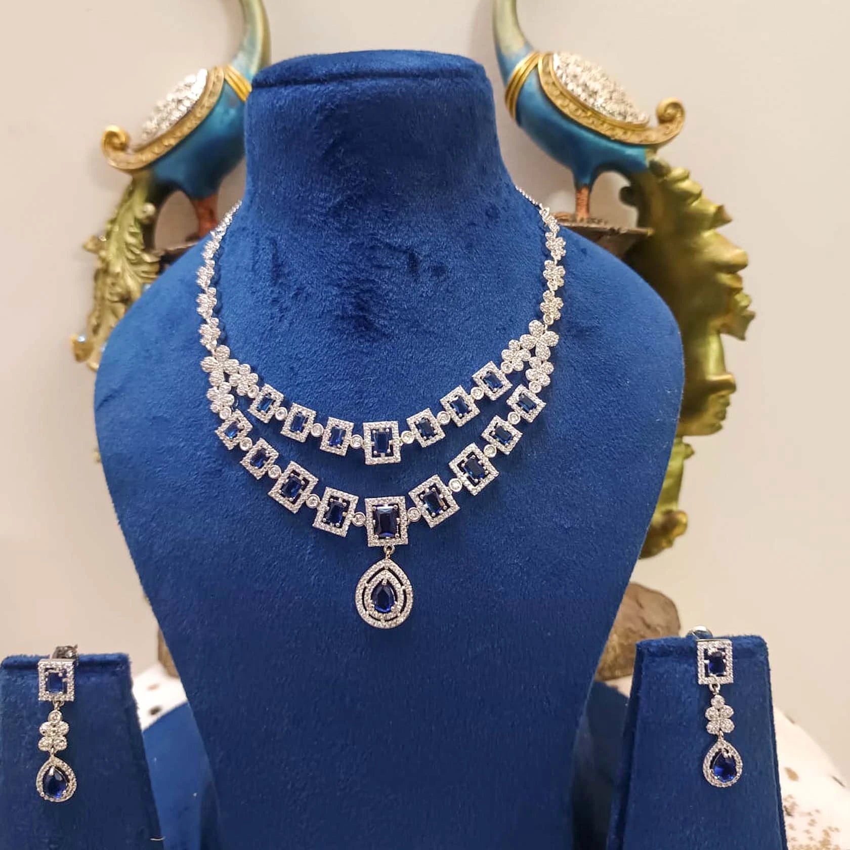 Silver-Alloy-Cz-Stone-Premium-Quality-Two-Layer-Necklace-Set-With-Navy-Blue-Stone
