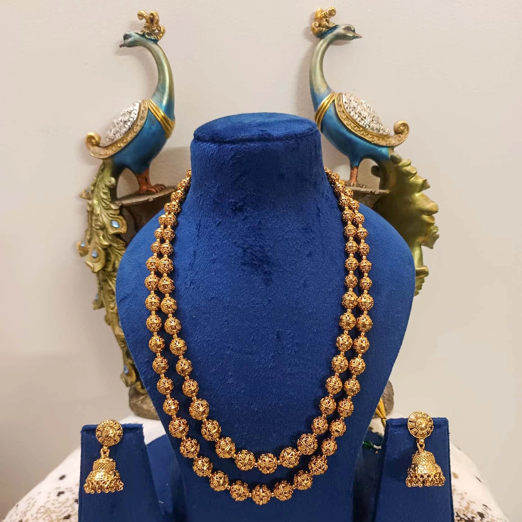 Temple-Jewellery-Matar-Mala-Necklace-Set-With-Jhumki-Earrings-Real-Gold-Look