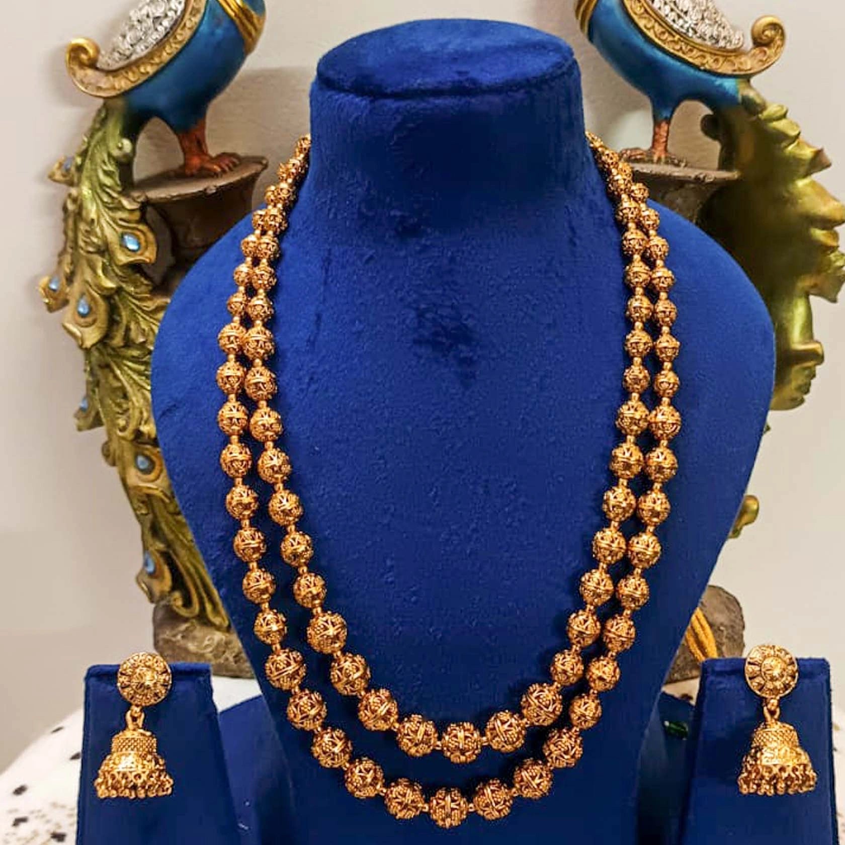 Temple-Jewellery-Matar-Mala-Necklace-Set-With-Jhumki-Earrings-Real-Gold-Look