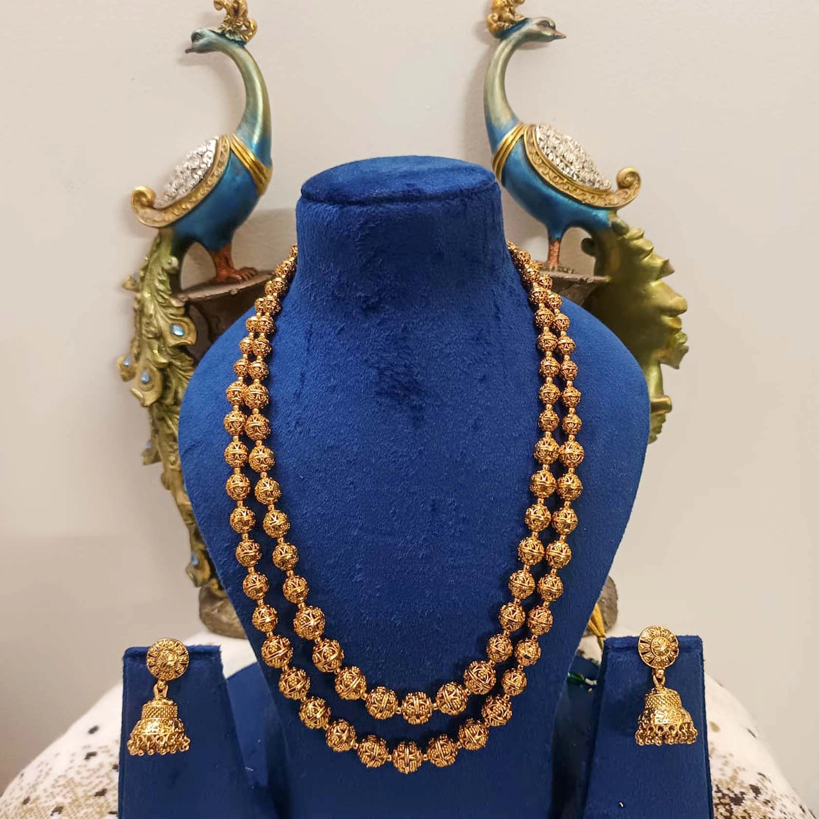 Temple-Jewellery-Matar-Mala-Necklace-Set-With-Jhumki-Earrings-Real-Gold-Look